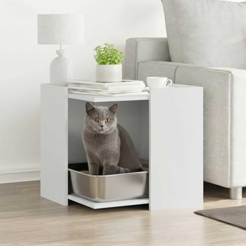 Mokuyary Meuble de Bac à Litière pour Chat Blanc Bois d'ingénierie Salon D | Maison de Toilettes pour Chats, Table Basse pour Chambre, Balcon