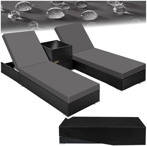 TecTake® Set de 2X Chaise Longue Bain de Soleil avec Dossier réglable + Table de Jardin en Aluminium et Resine Tressee + 2 Set de Housses + Housse de Protection Piscine Balcon Jardin - Noir/Marron