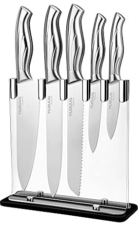 nuovva Kitchen Knife Set - Sharp Stainless Steel Kitchen Knives - 5 Pieces Durable Blades with Clear Acrylic Block - Knife Block Set