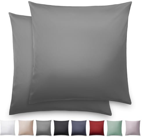 Blumtal Mako Satin Kissenbezug 80x80 Baumwolle Anthrazit - 2er Set Kissenbezüge aus 100% Baumwolle - edle Glanzoptik & Reißverschluss - Satin Kissenbezug für Kopfkissen 80x80 & Sofakissen
