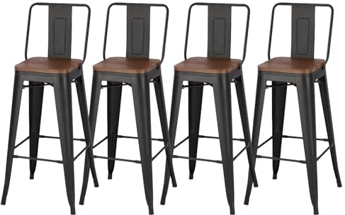 Warmiehomy Bar Stools Set of 4 Breakfast Tall Metal Bar Stools Chairs Industrial Vintage Barstools with Backrest for Kitchen Island Counter Dining Room Pub Cafe Bistro, Black