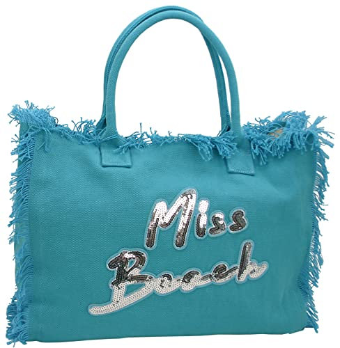 Miss Beach - Große XXL Badetasche mit Reißverschluss - Strandtasche - Picknick-Tasche aus Canvas (Türkis)
