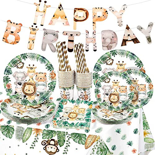 Yosemy Juego de Vajilla para Fiesta de Safari para 25 Invitados 127 Piezas Juego de Vajilla 25 Platos de Papel Tazas de Papel Servilletas Pajitas de Papel Mantel para Wild One Cumpleaños Deco (Grun)