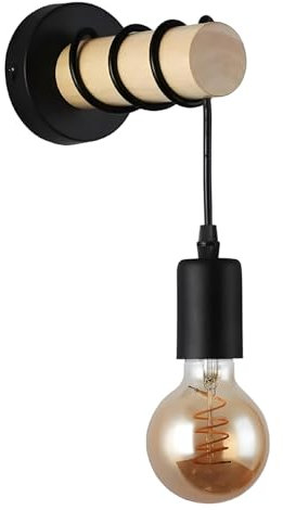 B·LED BARCELONA LED BarcelonaLED - Lampada da parete rotonda in legno naturale, con attacco E27, colore nero, con cavo vintage nordico per corridoio camera da letto soggiorno