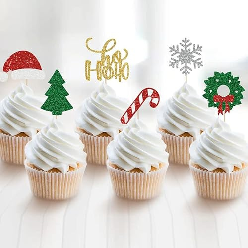 Bymivofun 24pcs Toppers de Tartas de Navidad Toppers de Cupcakes de Navidad para Decoraciones de Tartas de Navidad