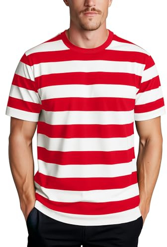 Zengjo Red and White Striped Shirt Men Short Sleeve Crewneck(Red White,L)