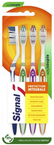 SIGNAL - Brosse à Dents Protection Intégrale - Brosse 100% recyclable fabriquée avec 80% de plastique recyclé - Souple (lot de 4 brosses à dents)