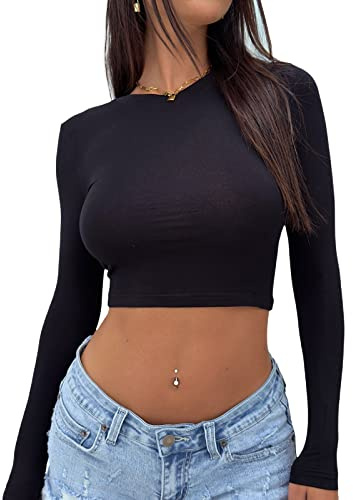 Carolilly Crop Tops Donna Manica Lunga Maglietta Donna Corta Aderente a Girocollo Tinta Unita Slim Fit Camicetta Ragazza Streetwear Autunno Primavera (Nero, S)