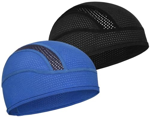 MELASA Cooling Berretto da ciclismo sotto il casco, Mech, traspirante, fodera per casco da bicicletta, berretto da corsa, sportivo, per uomini e donne, adatto sotto i caschi, Nero e blu., Taglia unica