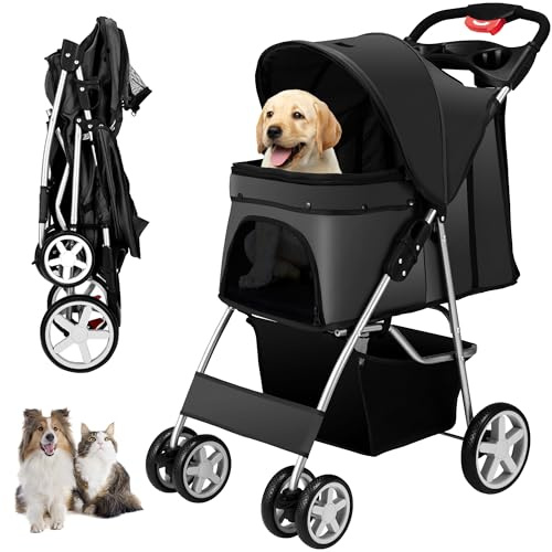 Unisakey Foldable 4-Wheel Pet Stroller for Dogs Cats 10-33lbs, Black