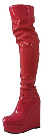 WILDKATZEN Damen Plateau Keilstiefel Overknee Boots Stretch Stiefel Wedges Lackleder Rot 45 EU