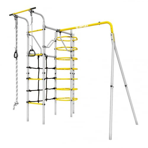 JEFLEX GardenMaxx G1 – Estructura de Escalada para niños de Acero – Gimnasio Exterior con Muro, Red, Anillas, Cuerda y Barra de dominadas – Juegos de jardín – Accesorios para Pared Sueca