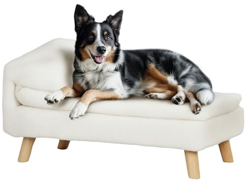 PawHut Canapé pour Chien, lit pour Chien Chat, avec Coussin Moelleux, Oreiller, Housses Amovibles et lavables, en Peluche, 70l x 42,5P x 38,5H cm, crème