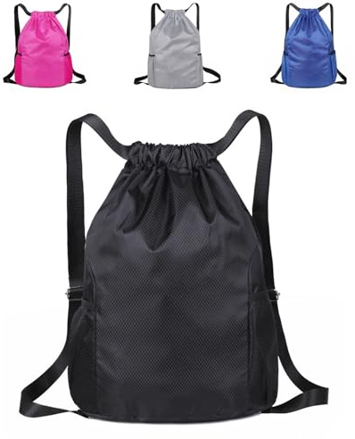 Drawstring Bags Unisex Waterproof Sports Bag Swim PE Bags Drawstring Gym Bag for School Sports Swimming Gym Travel Beach (Black)