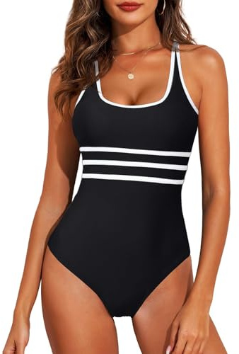 JFAN Maillot de Bain Femme 1 Pieces Gainant Ventre Plat Maillots de Bain Réglables Bretelles Spaghetti Push Up Swimwear Rembourré Monokinis Vintage Taille Haut,Noir,M