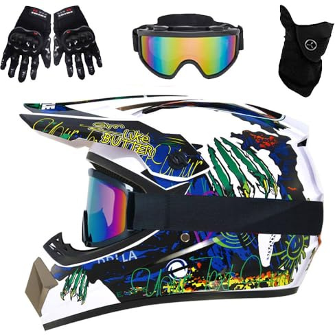 Casco ATV Per Ragazzi con Visiera, Per Moto da Cross Elettrica, Per Bambini Dagli 8 Ai 14 Anni, Casco da Motocross Con Occhiali, Guanti E Maschera, BMX, Mountain Bike, Omologato DOT(905 white claw,XL