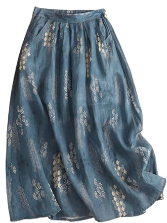 uhbkezy Cotton Linen Skirts for Women 2026 Summer Fall A Line Flowy Casual Elastic High Waisted Vintage Printed Pattern Lightweight Midi Skirt with Pockets(Blue,XS)