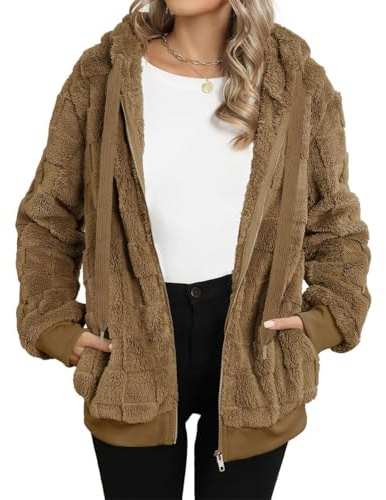 EIRUKON Abrigo Mujer Caliente Esponjoso Invierno Chaqueta Grueso Abrigos Sudadera Polar con Capucha Cremallera de Peluche Cálido Outerwear,Café,S
