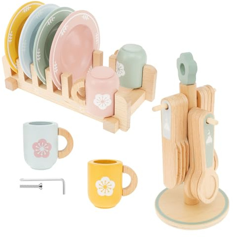 Wooden Play Kitchen Dishes Set 30Pcs Kids Toy Plates and Cups for Safe Kid Wooden Dinnerware Set Role Play Funny Kids Present for Girls Boys 3+ Years Old