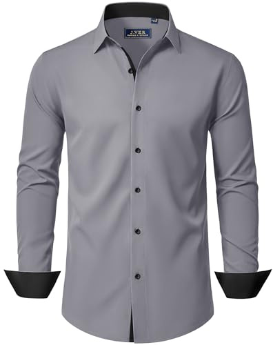 J.VER Mens Shirts Long Sleeve Dress Slim Fit Business Casual Stretch Non Iron Wedding Formal Fashion Grey Shirt L