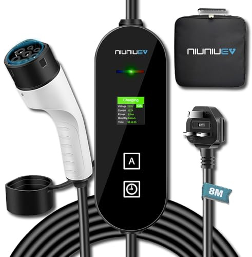 NIUNIUEV® EV Charger Cable Type 2 to 3 Pin Plug 8M [3KW | 6A~13A],Portable Electric Car Charger UK 3-Pin EV Charger,Type 2 Charging EV Charger with LED Display,Timing function,For EVs and PHEV