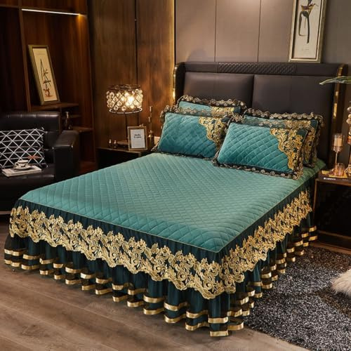 Hoisy set 3 delar elastiskt resårlakan av polyester för resårsäng, enfärgad med broderat spetsmönster, 180 x 220 cm + 2 örngott, dra-på-lakan dubbelsäng ljusblå