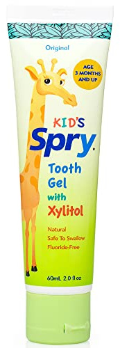 Spry Natural Xylitol Toothpaste for Baby, Toddler and Kids Age 3 Months and Up - Fluoride Free Tooth Gel, Tasty, Support Development of Emerging Teeth, Original 2 Fl Oz (Pack of 1)