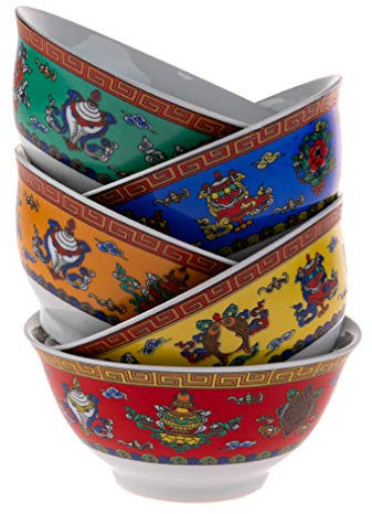 lachineuse - Serie 5 asiatische Reisschalen Ø 11,5 cm 275 ml - Design der 8 glücklichen buddhistischen Symbole – originelle und bunte Schalen – asiatische Traditionen und Dekoration – Geschenkidee