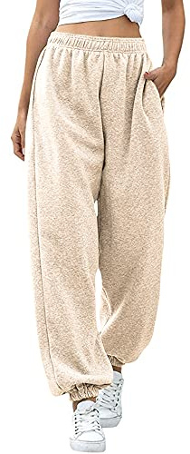 Love My Fashions Women's Joggers Plain Gym Sport Sweatpants Winters Tracksuit Jogging Bottoms Casual Baggy Pants Elastic Waist Cuffed Trousers with Pockets Cream