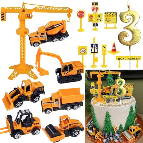 Drookaen Kuchen Deko Baustelle, Metall Kunststoff Bagger Spielzeugauto, Baustellen Fahrzeuge Tortendeko mit Baufahrzeug Verkehrsschilder Gold Glitter Geburtstag Zahl 3 Kerzen