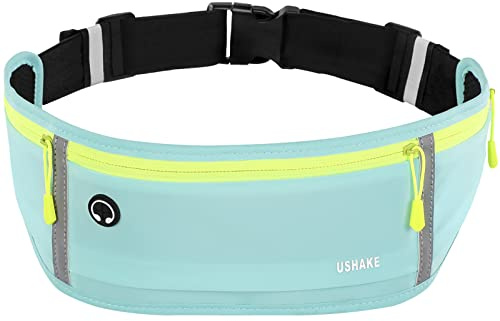 USHAKE Slim Running Belt, Workout Fanny Pack for Men Women,Exercise Waist Pack for Apple iPhone Holder, Runner Belt for Running Walking Cycling Camping Gym Mint blue