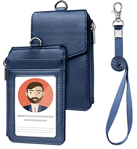 OFFCUP Ausweishülle, PU Leder ID Card Holder, Kartenhülle mit Schlüsselband Ausziehbar Ausweishülle, mit 1 Transparente ID Fenster eine Reißverschlussschicht und 4 Kartenfächern(Navy blau)