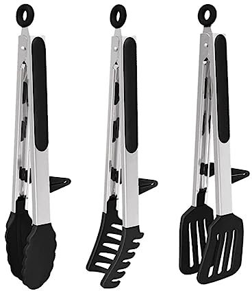 QXNDXQ Set di 3 pinze per grill, pinze per spaghetti, pinze da cucina, pinze da barbecue, pinze per alimenti resistenti al calore in acciaio inossidabile con punte in silicone