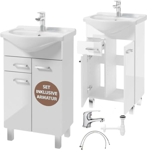 Deftrans Domodomo - Armadietto da bagno con lavandino, 85 x 46 x 30 cm, mobile bagno con lavabo, lavandino bagno con mobiletto - mobili bagno con lavabo (bianco + sifone + rubinetto per lavabo)