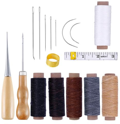 NIACVKIT 17Pcs Leder-Nähwerkzeug-Set, Hand Leder Werkzeug Set Enthalten Leder Nähnadeln Ledernadeln Nähahle Lederwerkzeug Fingerhut und 6 Rollen Leder Wachsfaden für Teppich