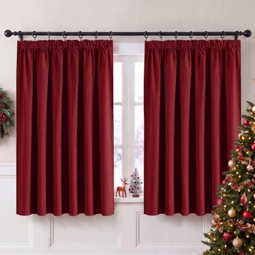 PONY DANCE Blackout Pencil Pleat Curtains, Red, W90 x L54 Inch, 2 Panels | Thermal Insulated Curtains with Noise Reducing & Privacy, Luxury Soft Window Treatment for Bedroom & Living Room
