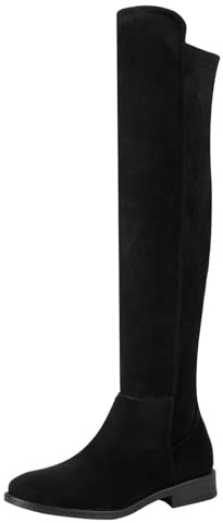 Shoe'N Tale Thigh High Over The Knee Boots for Women Flat Low Heel Fall Winter Stretch Suede Long Round Toe Boots, Black, 5 UK