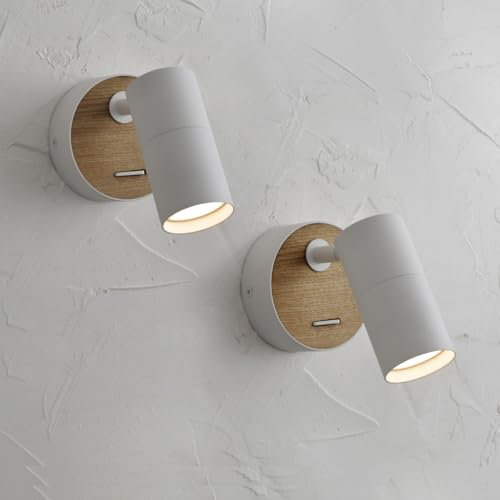 Lámpara de Pared Con Interruptor Blanco, 2 Pack Madera Vintage Spot de Aluminio, Pantalla Giratoria Industrial Compacto Interior Para Cama, Dormitorio, Pasillo, Gu10