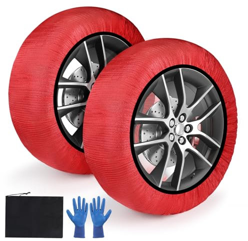 SWAWIS Cadenas Coche Nieve Textil EN16662-1 Homologado Cadenas Nieve Cadenas de Nieve para Coche Snow Sock Talla XS para R12 - R14 Resistente a la Abrasión y al Desgarro, 1 Par Rojo