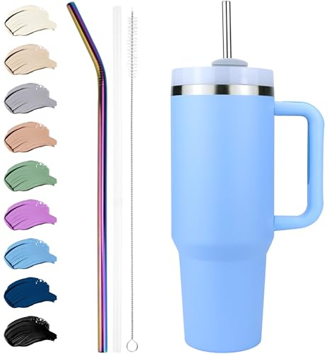 Disoza Thermo Mug 40 Oz Tumbler Med Lock Och Sugrör 1,2 l Ljusblå Dricksflaska Med Sugrör Vattenflaska Med Handtag Rostfritt Stål Tumbler Cup Kaffemugg To Go Kaffemugg Med Sugrör