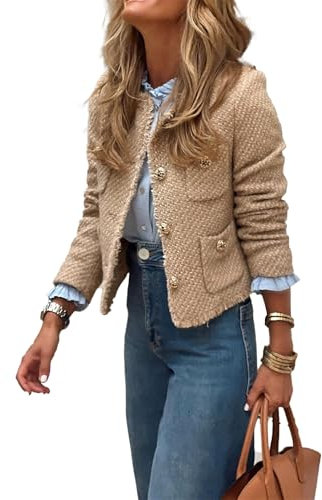 hathne Damen Tweed-Blazer, Jacken, lässig, langärmelig, Button-Down-Jacke, Mantel, Tops mit Taschen, Khaki, M