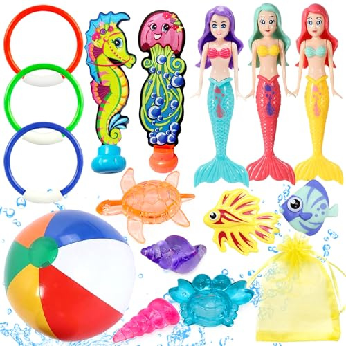 Edmirfun 16PCS Pool Diving Toys Set, Mermaid Underwater Diving Toys Swimming Pool Toys Set with Marine Gem, Diving Rings, diving fishes, Water Polo for Kids, Diving Games Training Children's Gifts