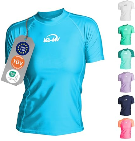 iQ-UV Shirt für Damen Kurzarm Slim-Fit Türkis 3XL – Rash Guard Schwimmshirt für Damen aus recyceltem Material – UV-Schutz Badeshirt zum Schwimmen, oder Sport – funktionales Surf-Shirt für Frauen