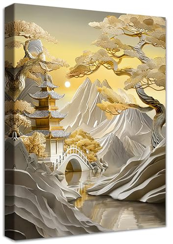 Wooden Framed Canvas Wall Art Tokyo White Mountains Trees Painting on Canvas Print Poster Gold Lofts Bridge River Pictures for Living Room Bedroom Home Office Hallway Corridor Wall Decor 40x60cm