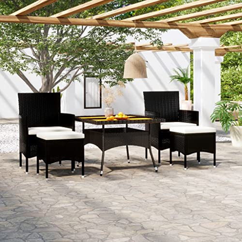 Homgoday 5-TLG. Garten Essgruppe Poly Rattan & Massivholz Akazie Schwarz Gartenmöbel Set Möbelsets Balkonmöbel Sitzgruppe Gartentisch mit Stühle Terrassenmöbel Möbel