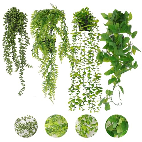 CAKKVDE 4 Pack Artificial Hanging Plants with Pots - Fake Ivy Vine for Indoor Outdoor Decor, Office, Patio & Wall - Realistic Faux Greenery in Hanging Planter