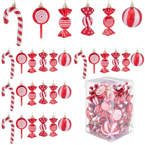 UNICRAFTALE 30 st 54 stilar julgodis dekorationsset röda vita polkagrisar julgransprydnad pepparmynta klubba dekoration med gyllene snöre för julgran högtidsdekoration hem fest dekor