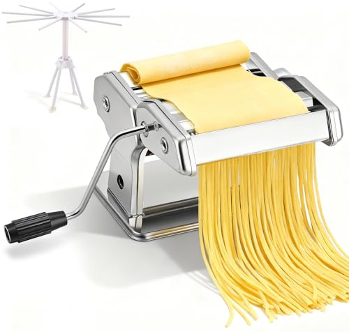 Manuelle Nudelmaschine, Edelstahl Pasta Maker mit zwei Breiten Kutter, 9 Einstellbaren Stärkeeinstellungen und Nudeltrockner Nudelständer, für Spaghetti, Fettuccini, Lasagne