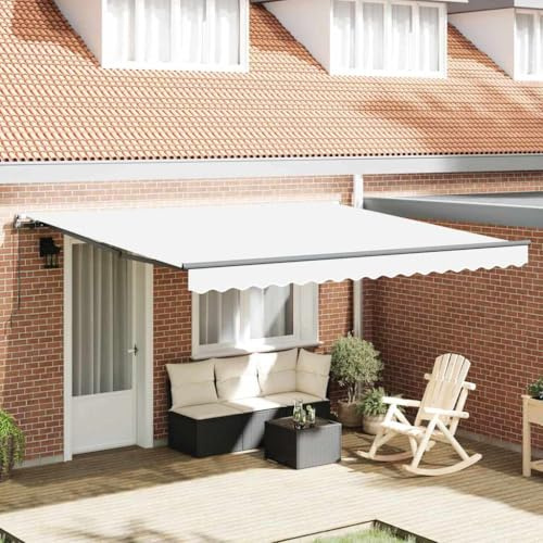 Mokuyary Infällbar markis vit 400 x 350 cm tyg, klämmarkis med handvev, balkongmarkis solskydd för fönster balkong terrass trädgård veranda