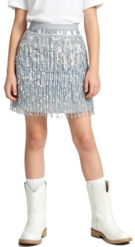 LOLANTA 2PCS Falda de Lentejuelas Niñas, Flecos con Pantalones Incorporados para Carnaval Diseño Iridiscente Performance para Danza y Festival